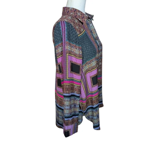 Rose + Olive patchwork Print Multicolor Teal/Purple/ Brown Blouse Sz S - Picture 4 of 9